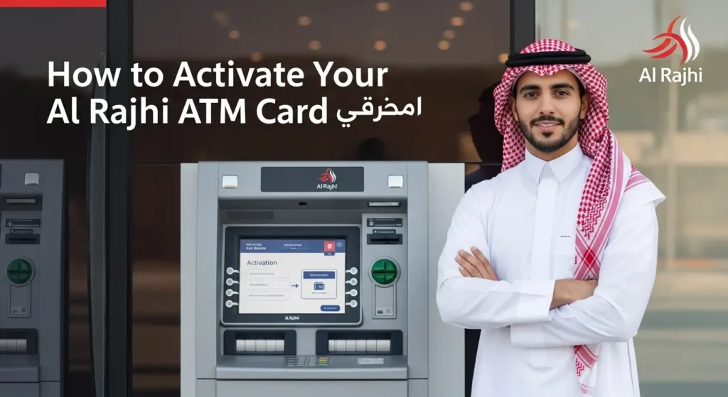A native saudi arabian on the image right and the text How to Activate Your Al Rajhi ATM Card (2025 Guide) on left