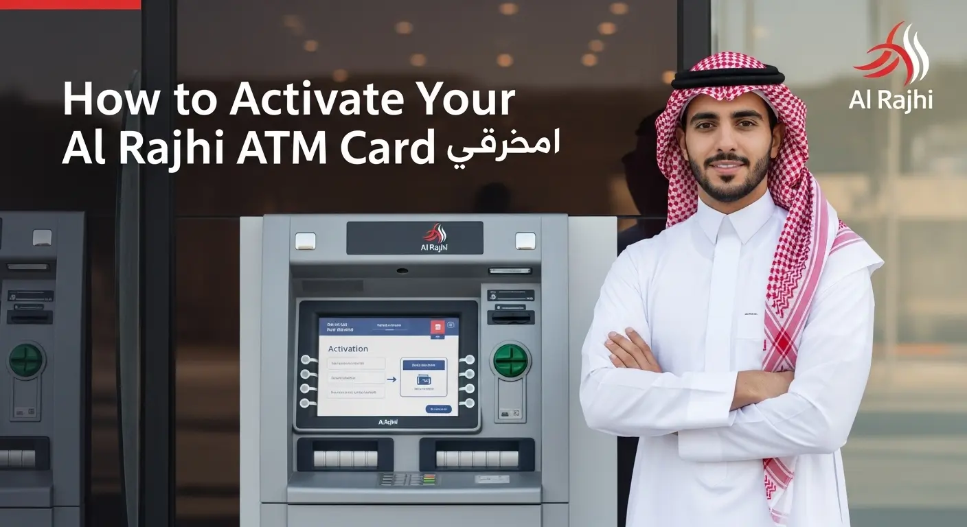 A native saudi arabian on the image right and the text How to Activate Your Al Rajhi ATM Card (2025 Guide) on left