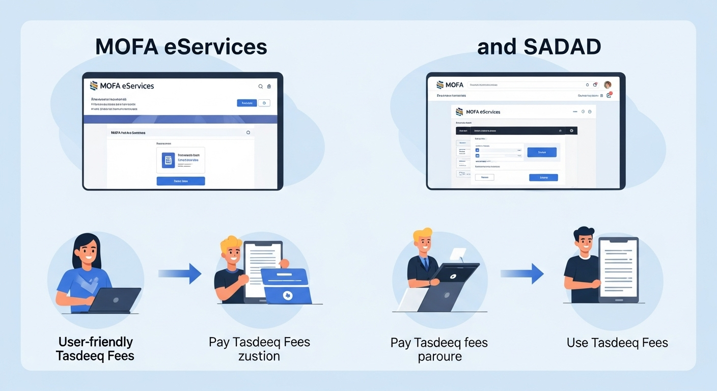 Visual guide showing MOFA eServices and SADAD as platforms for Tasdeeq fee payment