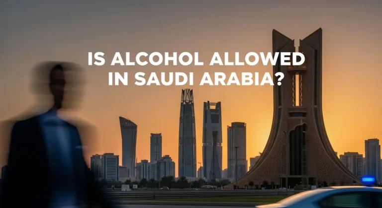 text on image :Is Alcohol Allowed in Saudi Arabia and a drunked man seeing a car