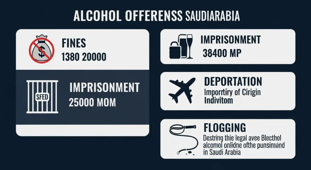 Infographic showing the penalties for alcohol offenses in Saudi Arabia.